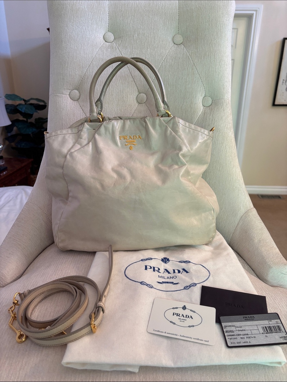 Prada Cream Leather Shoulder Bag with Gold Hardware